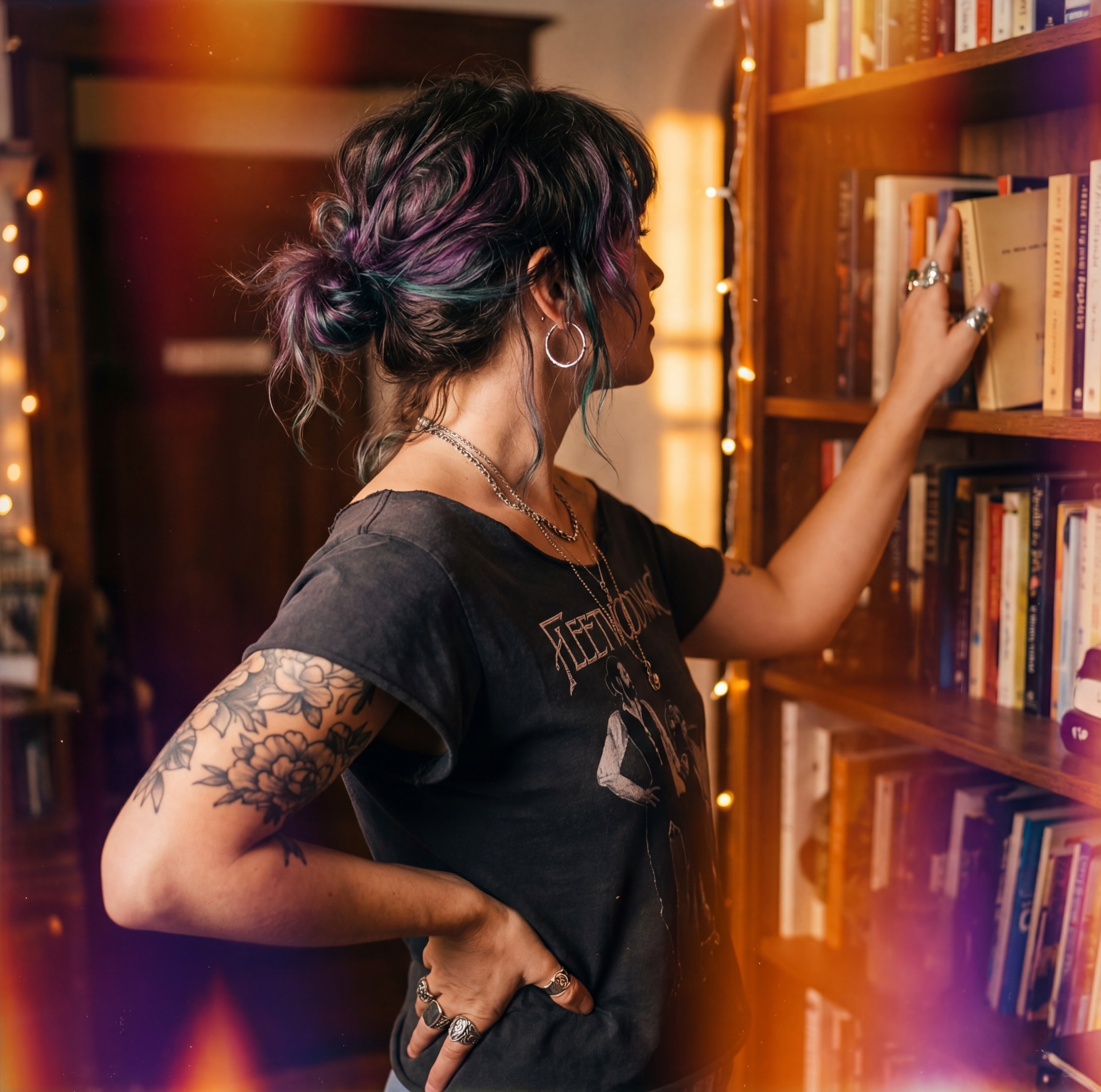 Addie Taylor at a warmly lit bookshelf
